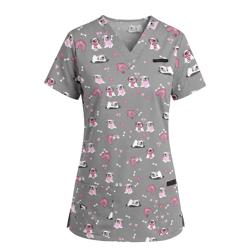Blusa médica White Cross cuello en V estampada pug - Imagen 2
